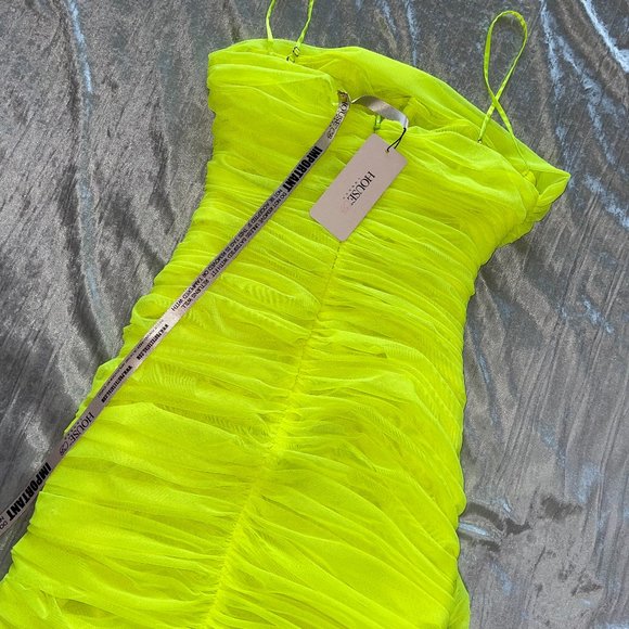 House of CB "Ella" Neon Green Ruched Organza Mesh Mini Dress - Picture 5 of 6